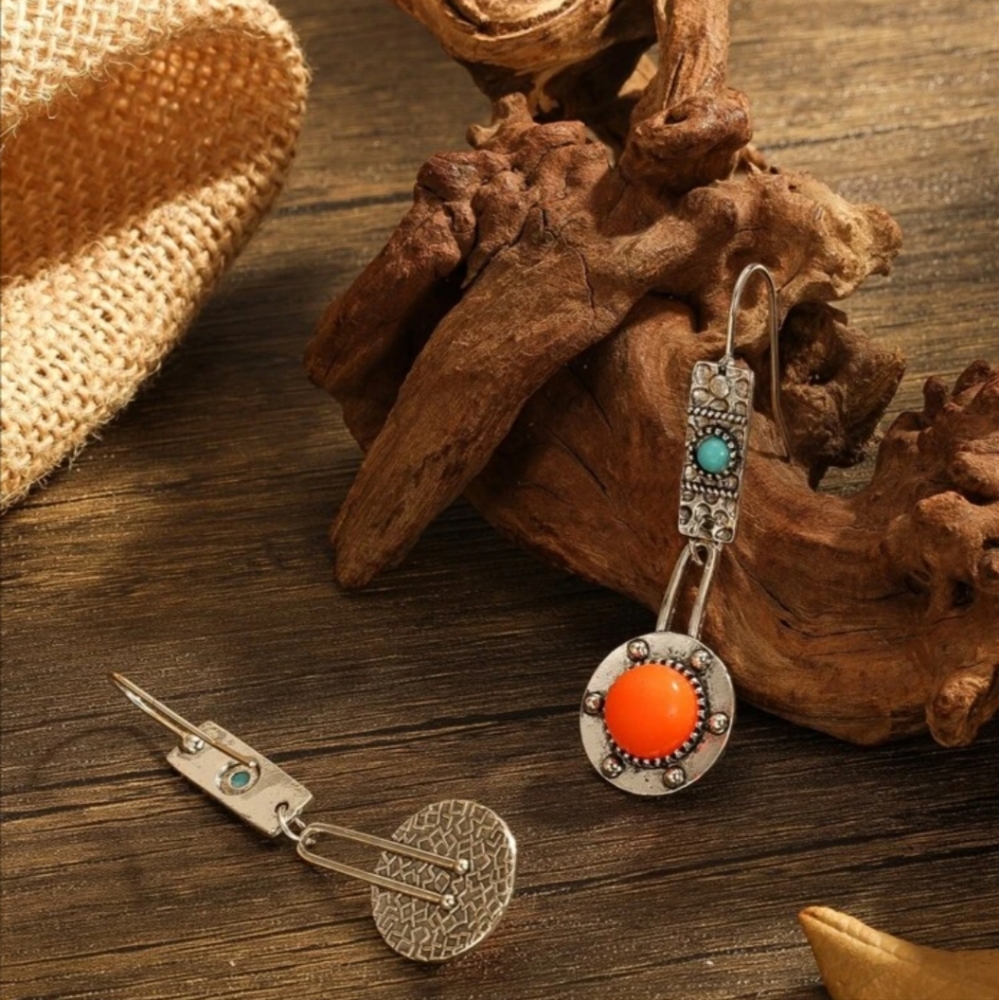 Bohemian Coral Color Drop Earrings Zinc. Vintage Hook Earrings. - Picture 7 of 7